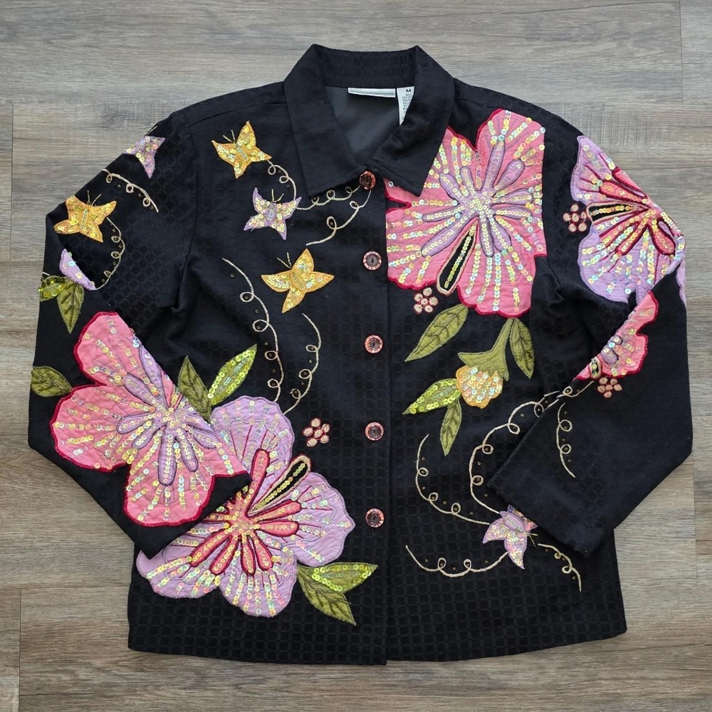 Drapers & Damons Embroidered Floral Butterfly Sequin Jacket Black Pink Medium